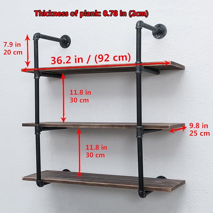 Industrial Pipe Shelving Wall Mounted,36in Rustic Metal Floating Shelves,Steampunk Real Wood Book Shelves,Wall Shelf Unit Bookshelf Hanging Wall Shelves,Farmhouse Kitchen Bar Shelving(3 Tier)