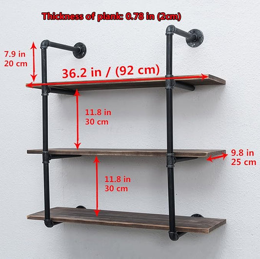 Industrial Pipe Shelving Wall Mounted,36in Rustic Metal Floating Shelves,Steampunk Real Wood Book Shelves,Wall Shelf Unit Bookshelf Hanging Wall Shelves,Farmhouse Kitchen Bar Shelving(3 Tier)