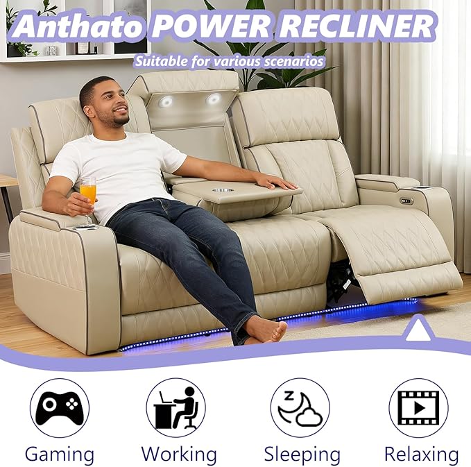 Power Recliner Sofa Couch with LED, Breathing Leather Reclining Couch, Living Room Furniture Sets, Recliner Furniture with Coffee Table/Cup Holders/Charging for Home Theater, Khaki(3 Seater)