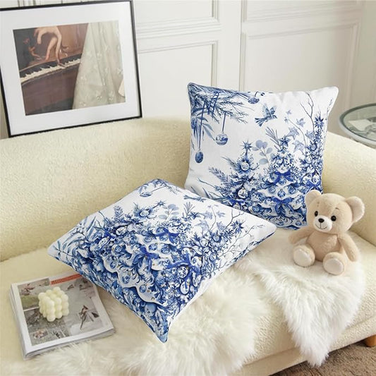Blue Christmas Pillow Covers 22x22 Set of 2 Chinoiserie Xmas Pine Tree Bird Ball Decorative Throw Pillows Winter Rustic Style Print Outdoor Pillowcase for Home Couch Sofa