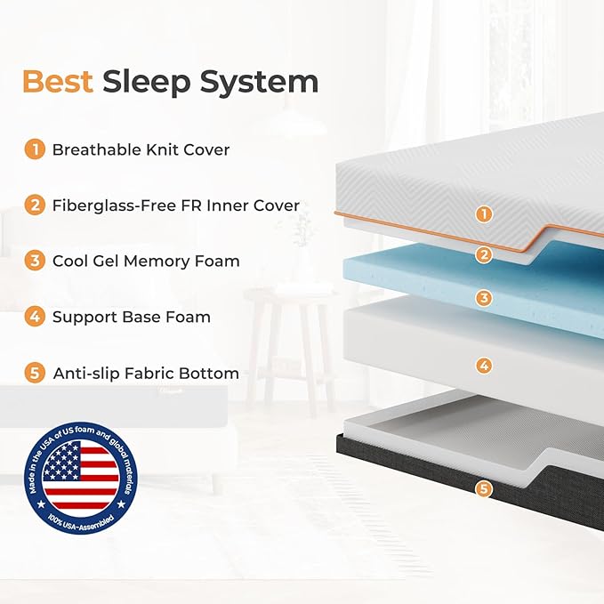 Vesgantti Queen Mattress, 10 Inch Gel Memory Foam Mattress Queen Size with Comfort Foam for Pressure Relief & Cool Sleep & Body Support, Made in USA, Medium Feel Bed in a Box, White