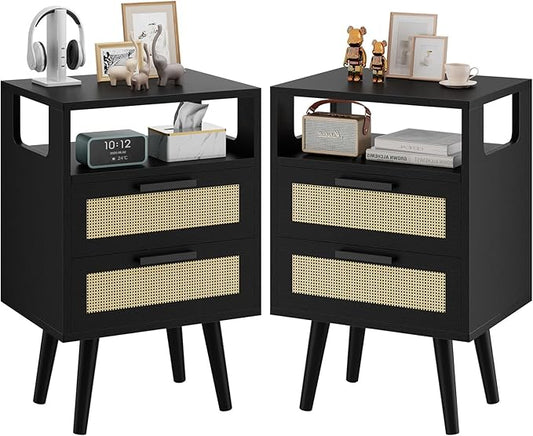 YMYNY Rattan Nightstand Set of 2, Boho Side Table with 2 Drawers, Open Shelf Unit with Arched Design, Solid Wood Legs, Storage Cabinet for Bedroom, Black UHST015B-2