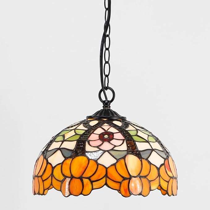 Tiffany Pendant Light Plug in 12 Inch Orange Flower Stained Glass Hanging Lamp with Chain 33 Inch, Cord 15 Feet