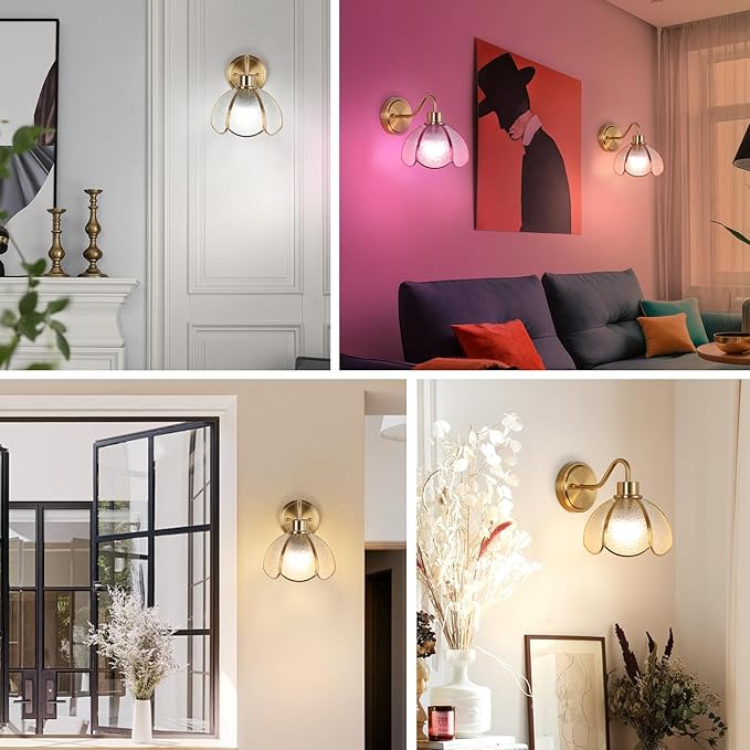Battery Operated Wall Sconce, Vintage Wall Sconce with Gold Trim Tulip Glass Lampshade Rechargeable Battery Powered Wall Light with Remote Control for Bedside Bedroom Doorway