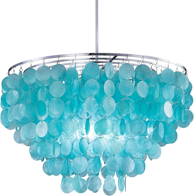 Wellmet Natural Capiz Shell Chandelier, 6 Lights Coastal Modern Blue Capiz Chandelier Pendant Lighting, Hanging Round Layered Chandelier for Living Room, Bedroom, Kitchen, Foyer, 23.62” D