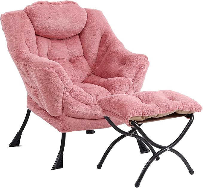 Lazy Chair with Ottoman, Modern Chair with Folding Footrest, Plush Dark Pink Accent Chair, Comfortable Reading Chair, Oversized Armchairs for Bedroom, Study, Living Room, Courtyard