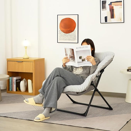 Comfy Saucer Chair for Adults, Soft Faux Fur Bedroom Chair, Accent Dorm Chairs, Flexible Living Room Reading Chairs, Oversized Folding Seat for Teens, X-Large, Stripe Grey
