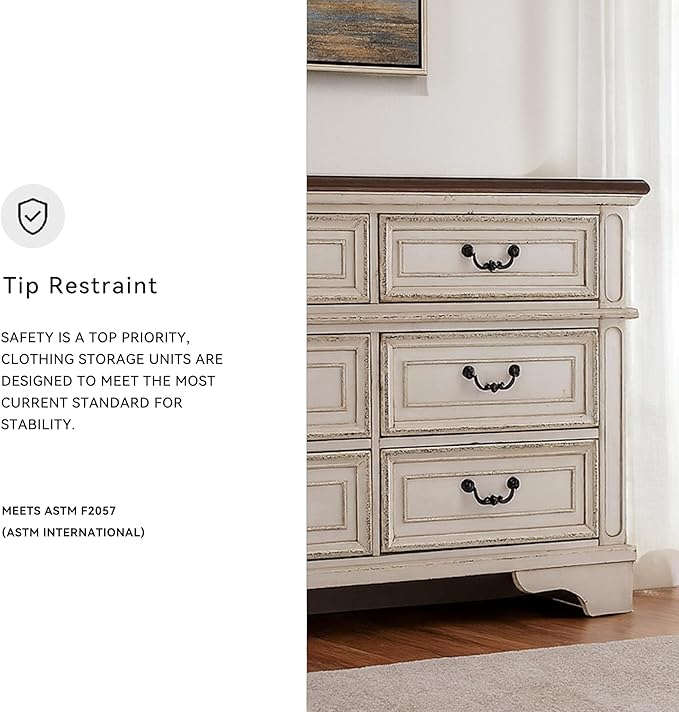 Signature Design By Ashley Realyn French Country Youth 6 Drawer Dresser, Chipped White & Brown