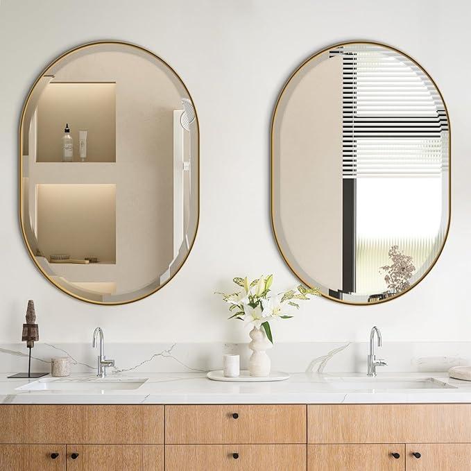 POZINO Modern Oval Beveled Mirror, 22"x30" Brushed Gold Bathroom Vanity Mirror Over Sink, Pill Shaped Capsule Wall Mounted Mirrors for Living Room Bedroom Entryway, Hangs Vertically or Horizontally