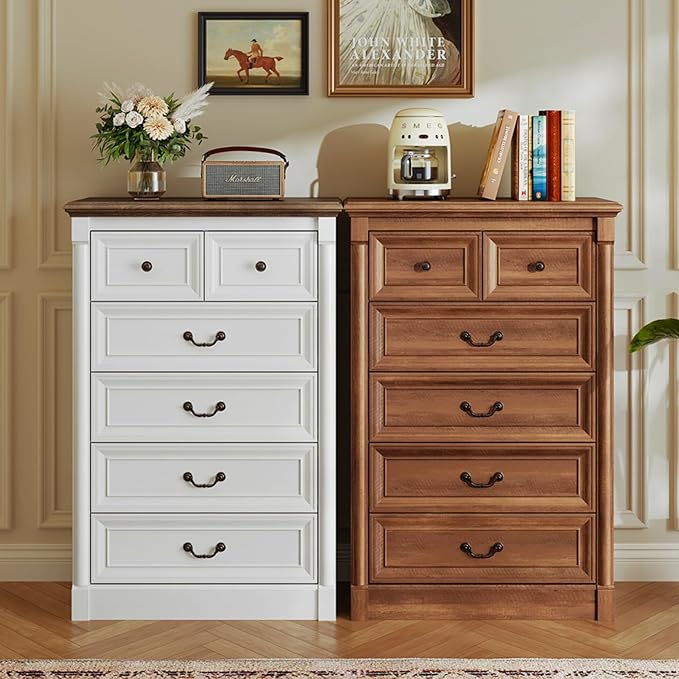Concho Farmhouse 6 Drawers Dresser for Bedroom, Tall Wood Chest of Drawers with Spacious Storage Space, Rustic Storage Dressers Organize, TV Stand for Living Room, Bedroom, Rustic Brown