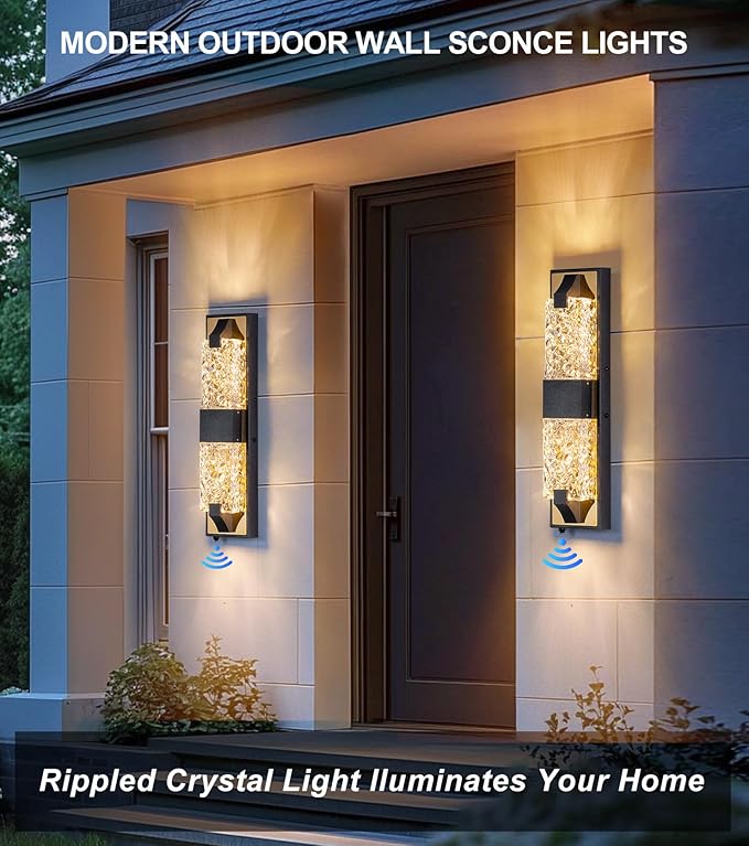 HITTO Dusk to Dawn Outdoor Lighting,18.8'' Porch Lights Outdoor IP65 Waterproof Exterior Lighting Fixtures 12W LED Ripple Crystal Modern Outdoor Light for House, Garage, Door, Patio 2pcs(Black & Gold)