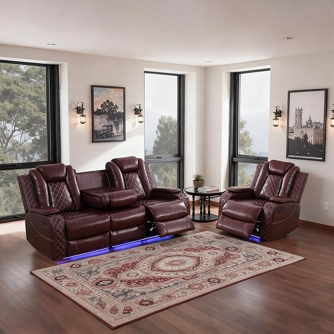 Power Leather Recliner Sofa Set with LED Light,Reclining Sofa and Chair Set with Coffee Table/USB Charger/Storage,Leather Couch for Living Room Furniture Sets(3+1 Seats,Burgundy)