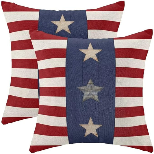 BETGINY 4th of July Pillow Covers 22x22 Set of 2, American Flag Stars and Stripes Freedom Throw Pillow Covers Linen Farmhouse Liberty Patriotic Independence Day for Couch Sofa Home Outdoor Decor