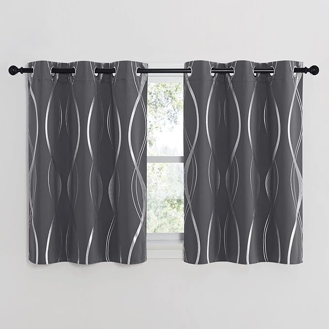 NICETOWN Blackout Curtains 40 inch Long for Kitchen and Cafe, 42 by 40 Inch, Grey Small Window Treatment Thermal Insulated Solid Grommet Wave Line Foil Print Design Drapes for RV and Basement
