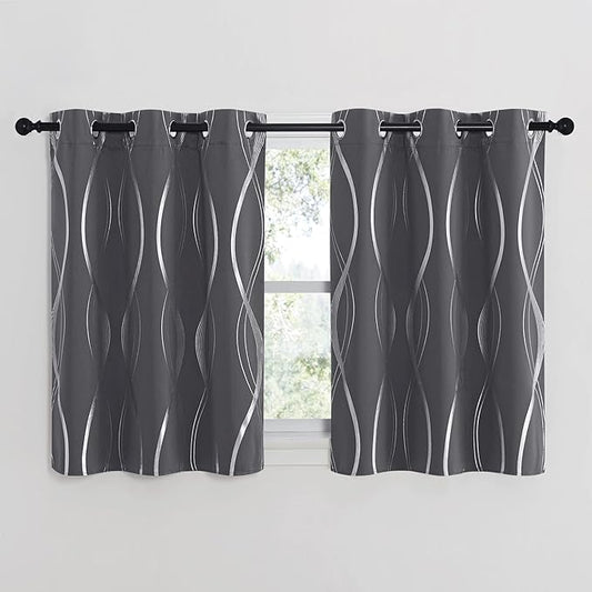NICETOWN Blackout Curtains 40 inch Long for Kitchen and Cafe, 42 by 40 Inch, Grey Small Window Treatment Thermal Insulated Solid Grommet Wave Line Foil Print Design Drapes for RV and Basement