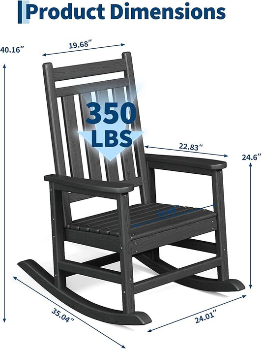 Rocking Chair Outdoor Set of 2 - HDPE Poly High Back Porch Rocker Chairs for Adults - All Weather Resistant Furniture for Patio Front Porch - Black