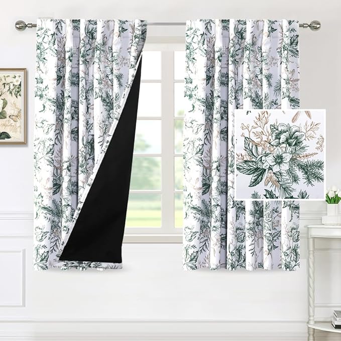 H.VERSAILTEX Full Blackout Vintage Floral Curtains 63 Inch Length for Bedroom Back Tab/Rod Pocket Curtains Room Darkening Thermal Insulated Window Treatment Curtains, 2 Panels, Moss and Wheat