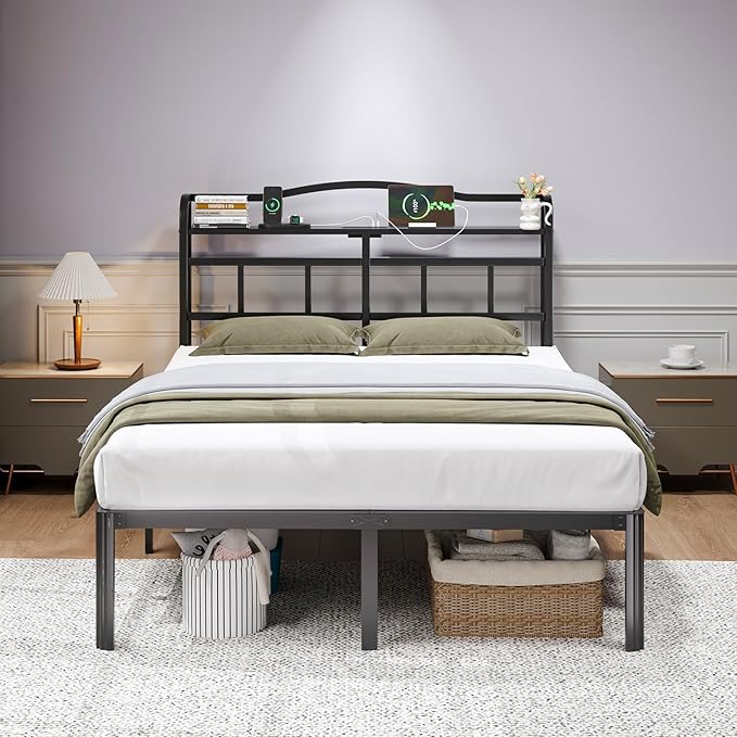 Full Size Bed Frame - Storage Headboard with Charging Station, 14 Inch Sturdy Metal Platform Bed Frame No Box Spring Needed, Easy Assembly, No Noise, Black