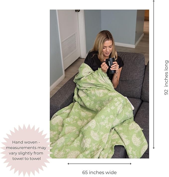 InfuseZen Turkish Blanket with Dandelion Flower Print – Muslin Weave Reversible Throw Blanket – 100% Cotton - Breathable, Thin and Lightweight Gauze Throw Blanket – Large 92” x 65” (Olive/Beige)