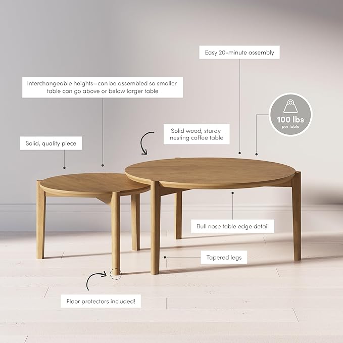 Nathan James Kendall Round Modern Nesting Coffee Set of 2, Stacking Living Room Accent Tables, Light Brown