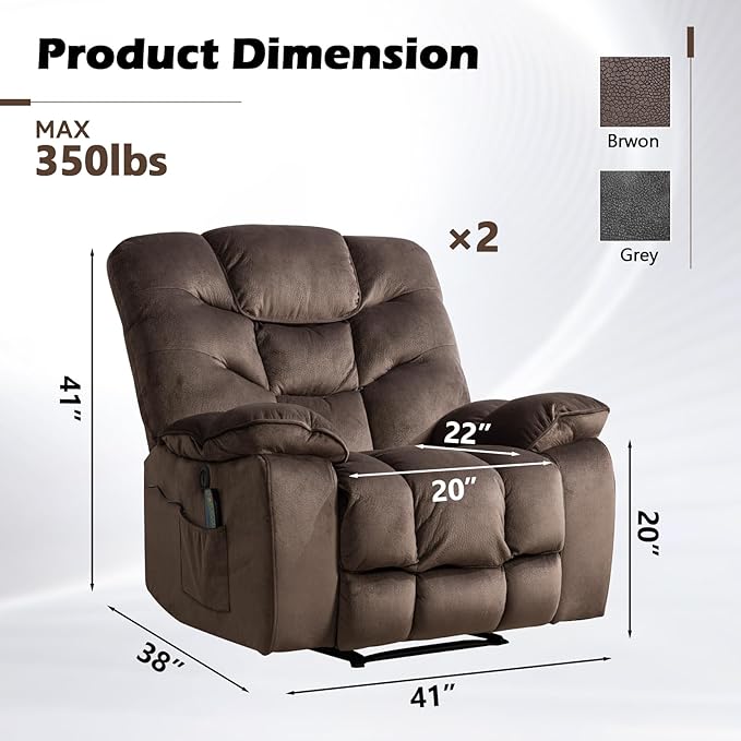 HAOMARKETS Power Recliner Chair Set of 2 with Massage and Heat, 41" Wide Electric Reclining Chairs with USB Port, Breathable Fabric Overstuffed Reclining Sofa for Living Room, Brown