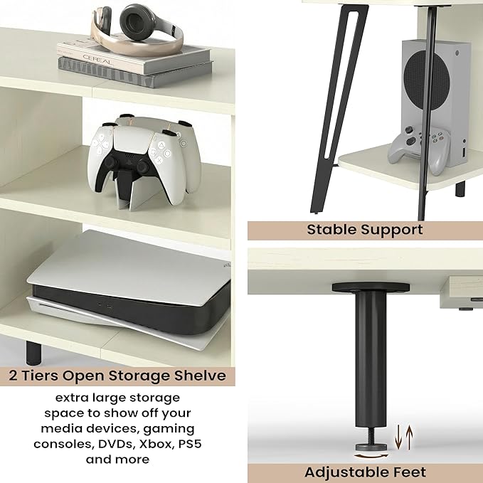 Manora TV Stand for TVs up to 55 Inch, Simple Modern Entertainment Center with 3 Tier Open Storage Shelves, TV Console Table for for Living Room, Bedroom, White