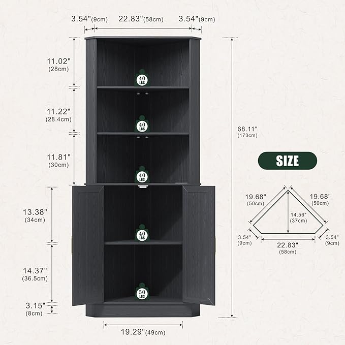 Farmhouse Corner Cabinet with LED Light, 67" Tall Bathroom Cabinet with 2 Doors and 3 Tier Shelves, Free Standing Corner Storage Cabinet for Living Room or Kitchen, Black