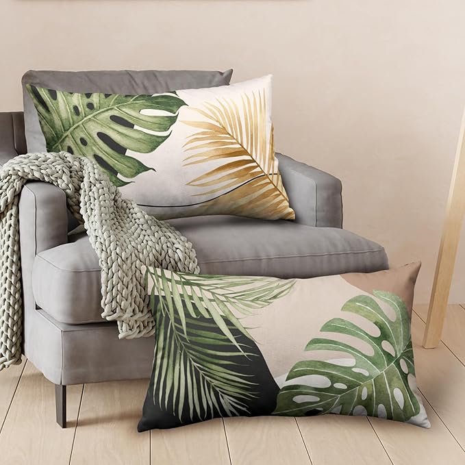 Summer Tropical Leaf Pillow Covers 12x20 Set of 2 Monstera Palm Leaf Lumbar Throw Pillow Cover Green Banana Leaves Botanical Plant Outdoor Rectangle Pillow Case for Living Room Couch Sofa