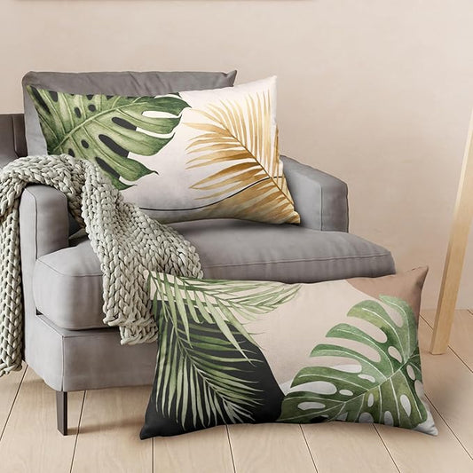 Summer Tropical Leaf Pillow Covers 12x20 Set of 2 Monstera Palm Leaf Lumbar Throw Pillow Cover Green Banana Leaves Botanical Plant Outdoor Rectangle Pillow Case for Living Room Couch Sofa