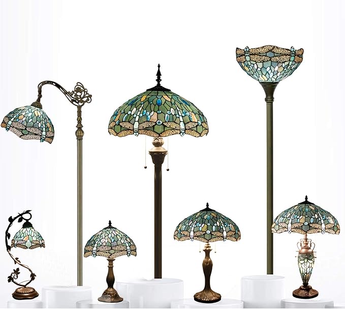 WERFACTORY Tiffany Lamp Sea Blue Stained Glass Dragonfly Style Desk Reading Light, Metal Leaf Table Lamp Base 8X10X21 Inches Decor Small Space Bedside Bedroom Home Office S147 Series