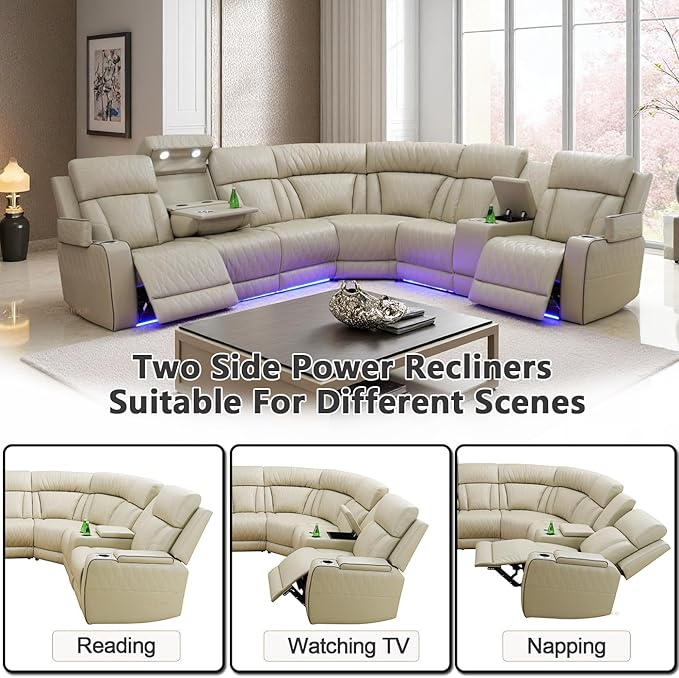 Power Recliner Sectional Sofa Set with LED, Breathing Leather Reclining Sectional Corner Couch & Chair, L-Shaped Home Theater Seating with Charging/Storage for Living Room