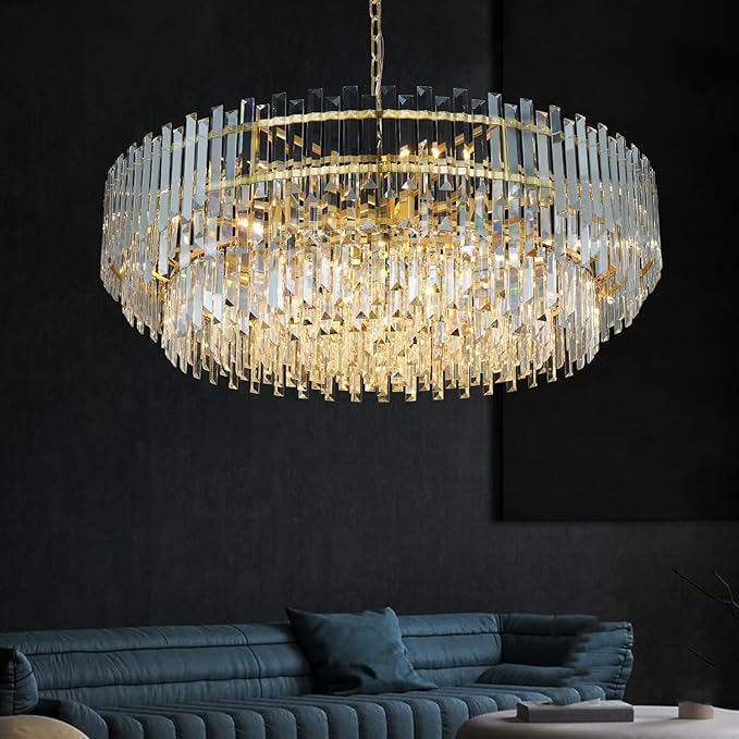 Gold Crystal Chandelier Modern Large Chandeliers Raindrop Lighting Pendant Lights Fixtures Ceiling for Living Room Dining Rooms Entryway Round Hanging D39.37''