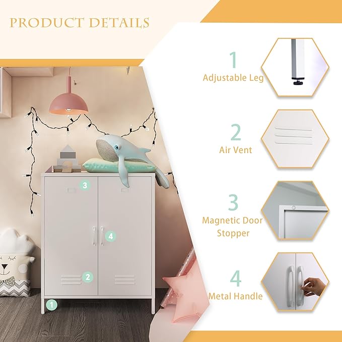 Metal Storage Cabinet with 2 Door, Steel Locker Sideboard Buffet Cabinet Console Table for Home Office (White, H35.43'')