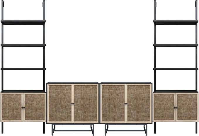 Nathan James Kova Boho Rattan and Wood TV Wall Shelving Unit Accent Storage Cabinet in Black Wood and Rattan with Metal Frame and Cane Doors, Black Oak/Cane