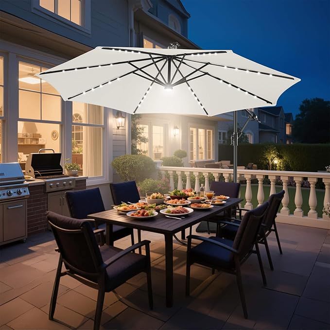 FLAME&SHADE 10ft Solar Cantilever Umbrella with 40 LED Lights, Lighted Large Offset Outdoor Patio Umbrellas, 8 Sturdy Ribs, UPF50+ UV Protection for Pool Deck Garden Yard, Ivory
