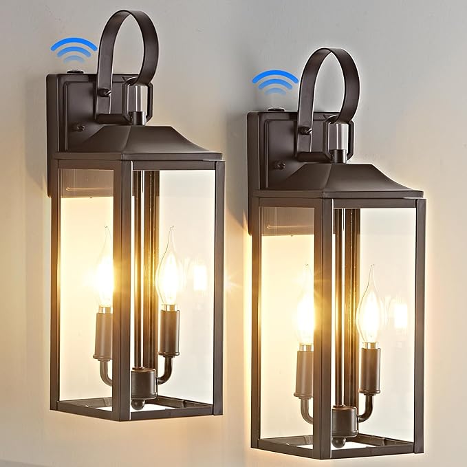 OKELI 17.6" 2-Pack Dusk to Dawn Outdoor Lighting, Large Exterior Porch Lighting 2-Light Farmhouse Outside Lantern Lights with Clear Glass Waterproof Wall Sconces Lamp for House Garage, Brown