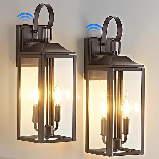 OKELI 17.6" 2-Pack Dusk to Dawn Outdoor Lighting, Large Exterior Porch Lighting 2-Light Farmhouse Outside Lantern Lights with Clear Glass Waterproof Wall Sconces Lamp for House Garage, Brown