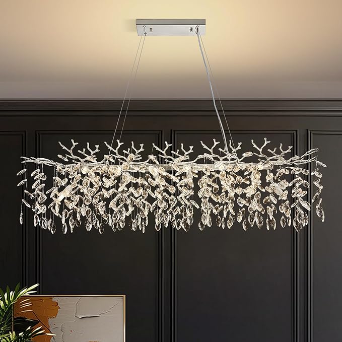 14 Light Modern Tree Branch Chandelier, 47.3" Chrome Rectangular Raindrop Chandelier for Dining Room, Foyer, Kitchen Island Contemporary K9 Crystal Pendant Light Fixture