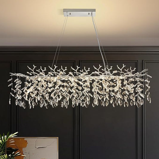 14 Light Modern Tree Branch Chandelier, 47.3" Chrome Rectangular Raindrop Chandelier for Dining Room, Foyer, Kitchen Island Contemporary K9 Crystal Pendant Light Fixture