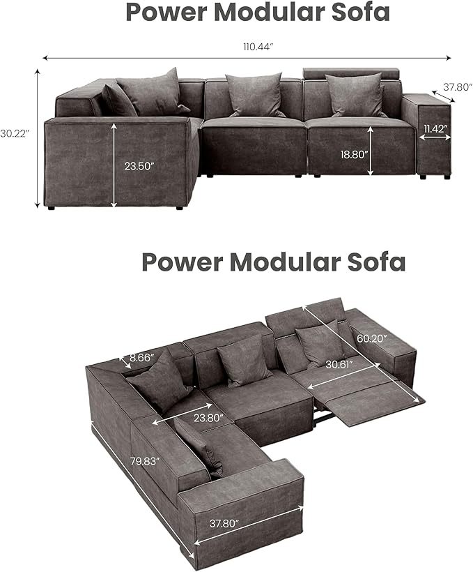 110" Power Sofa L-Shaped Couch,Modular Sectional Couches for Living Room,Modern Large Sofa with Recliners,Comfy Velvet Cloud Couch with Deep Seat,Pet Friendly for Home Office(Dark Grey)