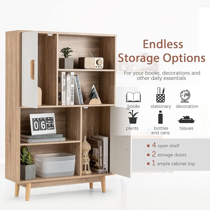 Giantex Storage Cabinet with Legs, Floor Cabinet with Doors, Shelves, Anti-Tipping Device, 4-Tier Bookshelf for Books & Photos, Tall Cupboard in Living Room, Kitchen Buffet Sideboard