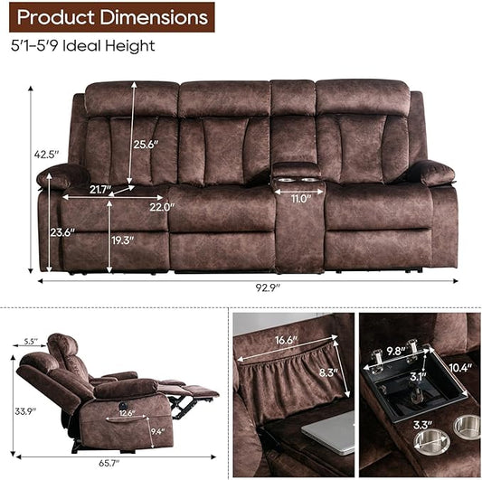 GUEAPY 3 Seat Power Reclining Sofa,Massage Reclining Couch with Heat–Power Reclining Couches with USB/Type-C Ports/Cup Holders/Storage/Console for Living Room,RV,Office, Aprtment (Warm Brown)