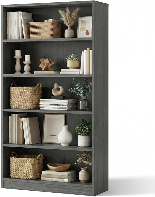 5 Tier Wooden Bookshelf, 60" H Tall Book Shelf with Adjustable Shelves, 33" Wide Bookshelf for Office, Living Room