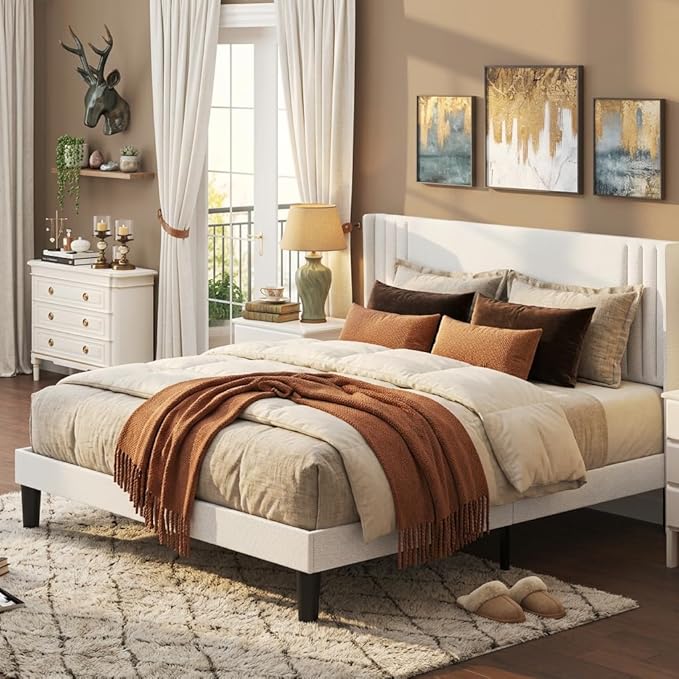 Gizoon Queen Bed Frame, Upholstered Platform Bed with Wingback and Modern Geometric Headboard, Wooden Slats, Noise-Free, No Box Spring Needed