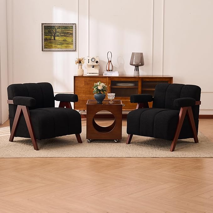 Accent Chairs Set of 2 with Wide Seat, Anthropologie Living Room Chair with Wide Armrest, Pottery Barn Accent Chair Bedroom Chair with Thick Cushion, Comfy Teddy Tufted Side Chairs, Black