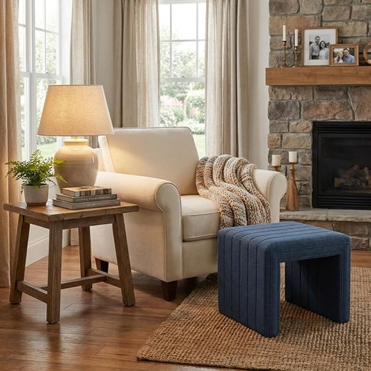 Spatial Order Modern Channel Tufted Ottoman | HomePop Home Décor | Ottoman for Living Room & Bedroom - Blue Woven Fabric