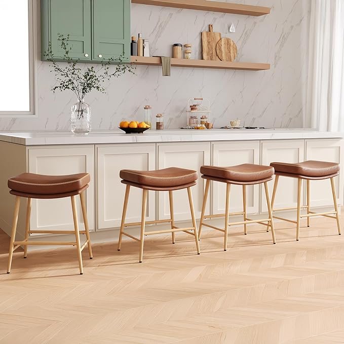 Bar Stools Set of 4, Counter Height Bar Stools with Thick PU Leather Saddle Seat & Sturdy Metal Frame Legs,Backless Bar Stools for Kitchen Island Dining Cafe,Brown