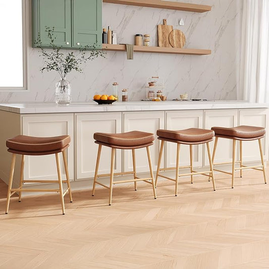 Bar Stools Set of 4, Counter Height Bar Stools with Thick PU Leather Saddle Seat & Sturdy Metal Frame Legs,Backless Bar Stools for Kitchen Island Dining Cafe,Brown