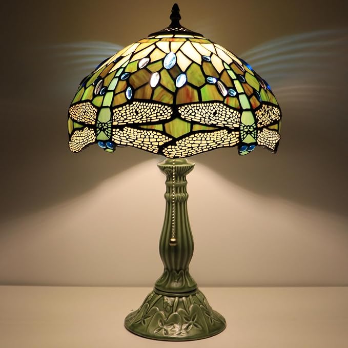 Tiffany Lamp Stained Glass Table Lamps Amber White Dragonfly Style Desk Lamp 12X12X18.5 Inch Bronze Ceramic Base Reading Light Suitable for Bedside Bedroom Living Room Dining Room Office