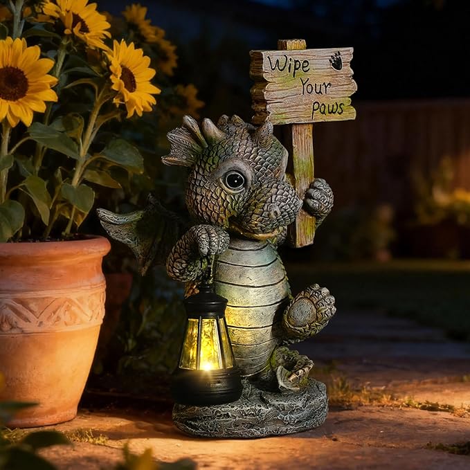 Solar Dragon Garden Statue with Lantern, Resin Outdoor Yard Decor Figurine, Waterproof Solar Powered Light for Patio, Lawn, Walkway & Front Porch (Dragon)